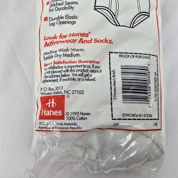 Hanes Briefs Men's 44 White 100% Cotton Preshrunk 3 Pack Vintage 1995 New Sealed - Picture 6 of 7
